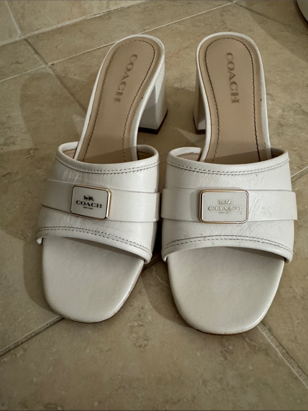 Coach White Leather Block Heel Mules with Gold Plaque